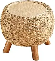 Small Ottoman Foot Stool, Round Footstool Pouf, Household Rattan Low Stools for Shoe Replacement - Stool with 4 Wood Legs for Living Room