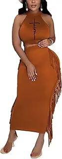 [Vrtige] Women's 2 Piece Outfits Halter Sleeveless Crop Top and Fringe Bodycon Maxi Skirt Set