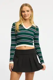 Green Stripe Knit Top Long Sleeve Collar - Size 14L, Women's Basic Knit