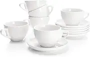 Sweese 403.001 Porcelain Cappuccino Cups with Saucers - 6 Ounce for Specialty Coffee Drinks, Latte, Cafe Mocha and Tea - Set of 6, White
