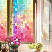 HOMETITUTE Stained Glass Window Film Colorful Mermaid Geometry Window Privacy Film Stained Decals Static Cling Sun Blocking Decor for Home Office Windows Doors Glass Partitions 17.7x39.3 inch