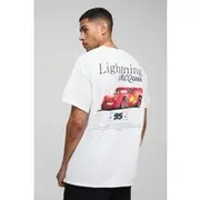 Mens White Oversized Pixar Cars Lightening Graphic License T-Shirt