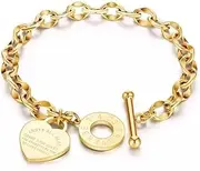 [Generic] Love - heart pendant bracelet titanium - steel gold - plated links with carved pendant couple's jewelry
