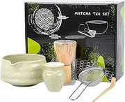 Matcha Tea Set, Matcha Whisk Set, Household Matcha Tea Making Tools with Matcha Bowl, Ceramic Whisk Holder, Bamboo Whisk, Tea Strainer, Scoop