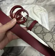 NEW Gucci Marmont Belt GG Logo Red Brown Monogram Canvas 85/34