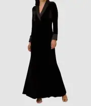 Adrianna Papell Womens Black Velvet Twist-Front Tuxedo Gown Dress Size 4