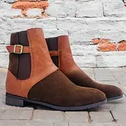 Men's Two-Tone Faux Leather and Suede Ankle Boots with Buckle Strap - Vintage-Inspired Design for Casual and Formal Wear