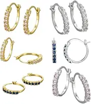 [Generic] Gold/Silver Stud Earrings for Women - 6 Pairs Earrings Set with Shiny Cubic Zirconia，Gold/Silver Tones with blue, white, and pink zircon