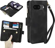[GoshukunTech] for Google Pixel 8a 5G Wallet Case with 9 Card Holders,for Pixel 8a Case Zipper Coin Pocket PU Leather Flip Cover Kickstand Protective Phone Purse with Wrist Strap-Black