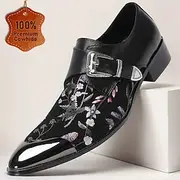 Men's Black Leather Monk Strap Shoes with Floral Embroidery – Stylish Formal Shoes for Gala Dinners and Parties