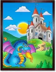 Blue Dragon Medieval Castle Nursery Kids Childs Play Room Art Print Framed Poster Wall Decor 12X16 Inch