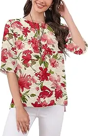 [TASAMO] Womens Crew Neck 3/4 Sleeve Tops Basic Button T-Shirts Solid Loose Cute Tunic Tee Red Flower, Red Flower, Large