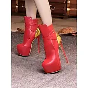 Women's Red Platform Stiletto Ankle Boots – Bold High Heel Fashion Booties with Gold Accent for Party and Evening Wear