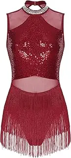 [Fldy] Womens Tassel Fringed Latin Dance Dress Leotard Sleeveless Tango Rumba Cha-Cha Performance Costume