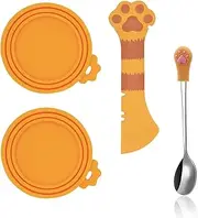 SJANE Cat Food Can Spoons & Can Lids | 4 Pcs | Multi-Function Can Opener | Silicone Pet Food Can Covers | Stainless Steel Wet Food Spoon for Cats and Dogs(Orange)