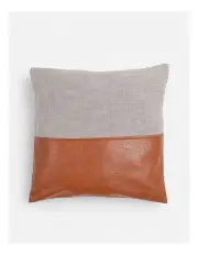 [Yellow Drama] Hand Stitched 18x18in Cotton and PU Leather Colorblock Cushion Cover in Two Tone
