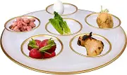 Alabaster White Seder Plate with gold rim and 6 Mini Removable Bowls 12.75"D X 4.25"H - Passover Holiday Kaarah Pesach Tray