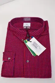 NWT Paul Smith Tailored Fit Long Sleeve Button Up Shirt Red Blue Check Large