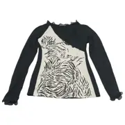 COTTON CLUB L/Sleeve Zebra Embroidered Pattern Black/White Top Ladies Sz L NEW
