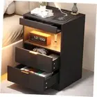 Night Stand, Bedside Table with Charging Station, Modern Black LED Nightstand
