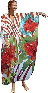 [RanRui] Women Plus Size Swimsuit Cover up Short Sleeve Floral Print Caftans Vneck