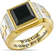 [Hsitgexf] Men's Stainless Steel Vintage Black Cubic Zirconia Square Multicolor Stone Signet Ring, Gold Silver Cross Rings Pray Christian Religious Rings Jewelry Gift