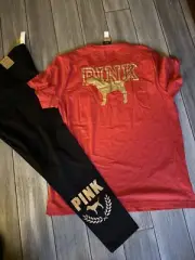 Victoria's Secret Pink Bling Campus Tee Shirt + Leggings Set Red Black Dog XL❤️