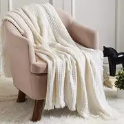 CREVENT Farmhouse Boho Knitted Throw Blanket for Couch Sofa Chair Bed Home Decoration, Soft Warm Cozy Light Weight for Spring Summer Fall (127x152cm Off White/Ivory/Cream)