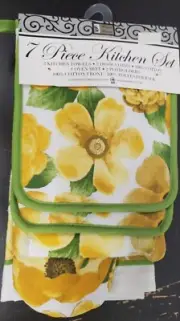 7pc Set: 2 POT HOLDERS, 2 TOWELS,2 DISHCLOTHS & 1 OVEN MITT , YELLOW FLOWERS, BH