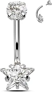 [Agrewd] G23 Solid Titanium Star Belly Button Bars 14G Internally Threaded Belly Button Piercing Belly Bananabells for Women Clear CZ Navel Piercing Jewellery