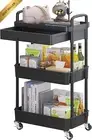3-Tier Rolling Utility Cart Drawer Plastic Shelf Metal Wheels Black