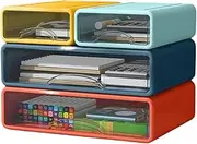 4-Pack Stackable Office Storage Boxes with Drawers，4-Drawer Desk Organizer (Lemon yellow + Sky blue + Prussian blue + Bordeaux red)