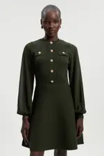 Petite Viscose Blend Mini Knit Dress With Chiffon Sleeve Military Trim