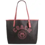 【COACH】經典C字LOGO印花拼接大肩背包托特購物包(深咖)