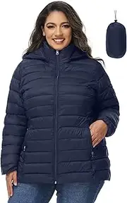 [Royal Matrix] Women's Plus Size Puffer Jacket with Hood, Packable Lightweight Quilted Travel Outwear Puffer Coat with Pockets