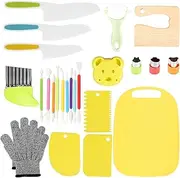 Muyoka 25Pcs Kids Cooking Cutter Set Safe Wood Toddler Cutter Set Fruit Cutters Potato Cutter Chopping Board and Gloves for Kids Boys Girls