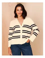 [Regatta] V Neck Button Front Cardigan in Ivory/Navy Stripe