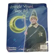 Vtg 90's Sparkle Wizard Cape & Hat Set Kids Dress Up Costume NOS Halloween