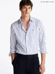 Tommy Hilfiger Blue Regular Fit Flex 100% Cotton Poplin Nautical Stripe Shirt (AM4946) | $196