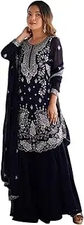 [Generic] Women's Faux Georgette Sequins & Thread Work Straight Kurta With Sharara Suit and Dupatta Set