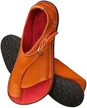 [Yytcsjz] Women's Orthopedic Sandals Open Toe Leather Flat Sole Sandal, Summer Roman Travel Ladies Beach Flip Flops,for Plantar Fasciitis/Foot Correction(Orange,5 AU)
