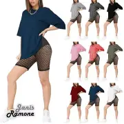 Womens Oversized T-Shirt Fishnet Shorts 2 Pcs Set Sports Gym Loungewear Co-ords