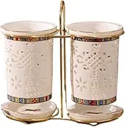 Kitchen Counter 2-Piece Hollowed-out Ceramic Utensil Holder with Metal Holder for Kitchen Countertop, Chopstick Spoon Forks Cutlery Storage Organizer Caddy Organizer