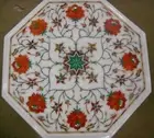 White Marble Coffee Table Top with Carnelian Stone Inlay Work Kitchen Side Table