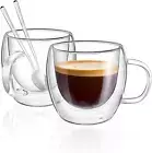 Coffee Mugs Set of 2, 5Oz Double Wall Glass Coffee Cups, Expresso Mug with Spoon