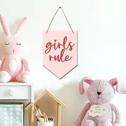 Girls Rule Wall Decor Nursery Wooden Door Sign Girls Room Wood Decorations Kids Room Wall Plaque Pink Wooden Hanging Sign Decor for Girl Bedroom Toddlers Home Decoration