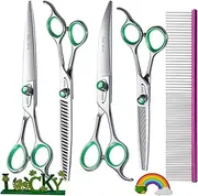 FOGOSP Professional Dog Grooming Scissors Kit Japan 440C Stainless Steel 7.0 in Curved Thinning Straight Chunker Shears and Comb 5pcs Set for Grooming Dogs Cat Pet