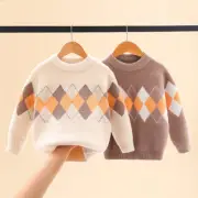 Kids Boys Knitted Shirt Top Jumper Sweater Argyle Pattern Pullover Casual Warm