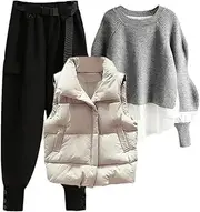 [Generic] Women's 3PC Suits Crew Long Sleeve Knit Pullovers Down Cotton Tank Tops High Waist Haren Pants Travel Airport Outfits