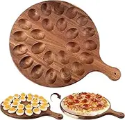 Oimzzr Reversible Wooden Egg Tray - 24 Holes Round Platter, Thickened Holder Serving Tray, Charcuterie Board for Kitchen, Brown